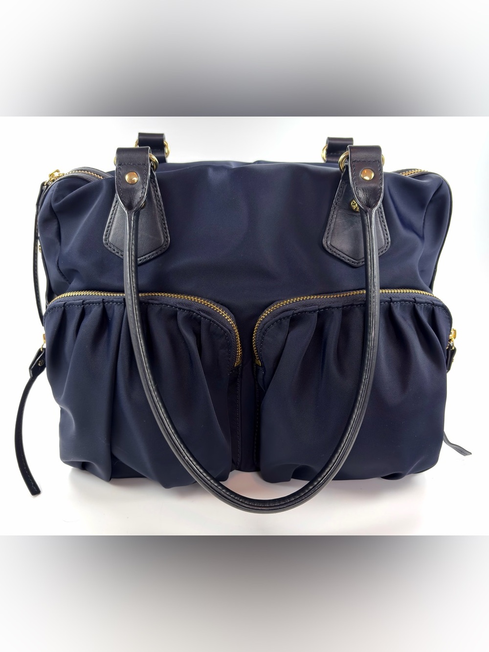 MZ Wallace Jane Bedford Navy Nylon Satchel Multi Pocket Gold Hardware w/pouch - Picture 2 of 14